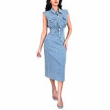 Lichtblauwe denim midi jurk met hoge taille_