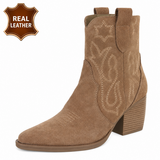 Taupe leren western enkellaarsjes met hak-Antina_