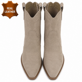Beige leren western enkellaarsjes met hak-Antina_
