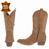 Taupe westernlaars van echt leer met sierstiksels-Brinda_