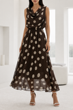 Bruine midi jurk met stippen en watervalhals  SOLD OUT_