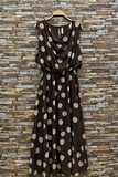 Bruine midi jurk met stippen en watervalhals  SOLD OUT_