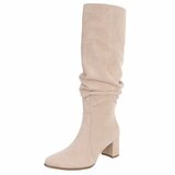 Beige suède knielaarzen met geplooide schacht en blokhak-Birke_