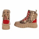 Kaki-rode veterboots met luipaardprint en chunky zool-Bintou_