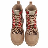 Kaki-rode veterboots met luipaardprint en chunky zool-Bintou_