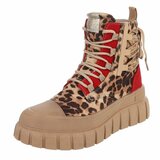 Kaki-rode veterboots met luipaardprint en chunky zool-Bintou_