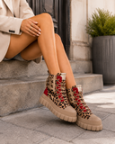 Kaki-rode veterboots met luipaardprint en chunky zool-Bintou_