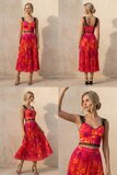 Fuchsia-oranje tweedelige plissé set met kanten top_