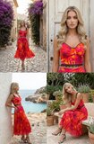Fuchsia-oranje tweedelige plissé set met kanten top_