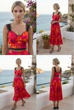 Fuchsia-oranje tweedelige plissé set met kanten top_