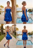 Koningsblauwe satijnen strapless cocktailjurk met strass en volumineuze rok_