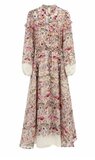 Lange beige bloemenjurk met romantische print en volantdetails_