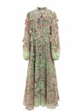 Lange groene bloemenjurk met romantische print en volantdetails_
