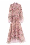 Lange roze bloemenjurk met romantische print en volantdetails_