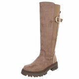 Taupe suède knielaarzen met elastische inzet en gesp-Angelita_