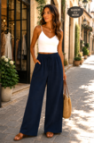 Donkerblauwe katoenen gauze palazzo broek met elastische taille_