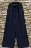 Donkerblauwe katoenen gauze palazzo broek met elastische taille_