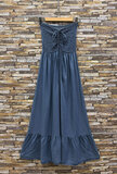 Blauwe strapless maxi jurk in lyocell met gesmokte top_