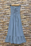 Lichtblauwe strapless maxi jurk in lyocell met gesmokte top_