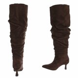 Donkerbruine suede overkneelaarzen met plooischacht en naaldhak-Laurana_
