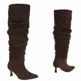 Donkerbruine suede overkneelaarzen met plooischacht en naaldhak-Laurana_