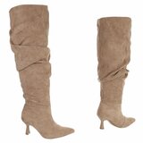 Kaki suede overkneelaarzen met plooischacht en naaldhak-Laurana_