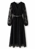 Robe longue élégante en dentelle avec ceinture – noir_