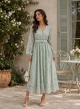 Elegante lange kanten jurk met ceintuur – groen_