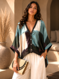 Satijnen gilet met colorblock print- bruin-groen-beige_