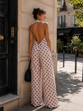 Polkadot jumpsuit met wijde pijpen-roze-zwart_