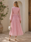 Robe longue élégante en dentelle avec ceinture – rose_