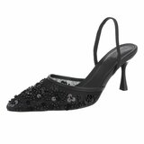 Zwarte slingback pumps met parels en bloemen-Cassie_