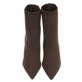Bruine stretch textiel enkellaarzen met spitse neus en elegante hak-Lusanne_