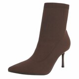 Bruine stretch textiel enkellaarzen met spitse neus en elegante hak-Lusanne_