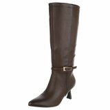 Donkerbruine elegante knielaarzen met gesp en hak-Cate_