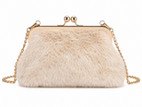 Beige faux fur schoudertas met gouden ketting_