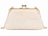 Cream faux fur schoudertas met gouden ketting_