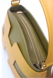 Luxe two-tone handtas in kaki-mosterdgeel met geometrisch design – premium kwaliteit_