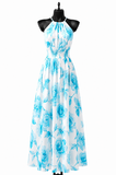 Trendy en chique armloze maxi halterjurk in blauw-wit_