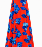 Oranje maxi-jurk met blauwe bloemenprint_