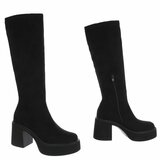 Zwarte suede hoge laarzen met plateauzool en brede hak-Chellie_
