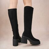 Zwarte suede hoge laarzen met plateauzool en brede hak-Chellie_