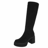 Zwarte suede hoge laarzen met plateauzool en brede hak-Chellie_