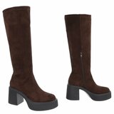 Bruine suede hoge laarzen met plateauzool en brede hak-Chellie_