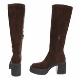 Bruine suede hoge laarzen met plateauzool en brede hak-Chellie_