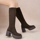 Bruine suede hoge laarzen met plateauzool en brede hak-Chellie_