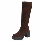 Bruine suede hoge laarzen met plateauzool en brede hak-Chellie_