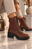 Bruine chunky enkellaarzen met hak en veter Jamilla._