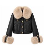 Luxe zwarte leatherlook jas met beige bontkraag_