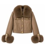 Luxe taupe leatherlook jas met taupe bontkraag_